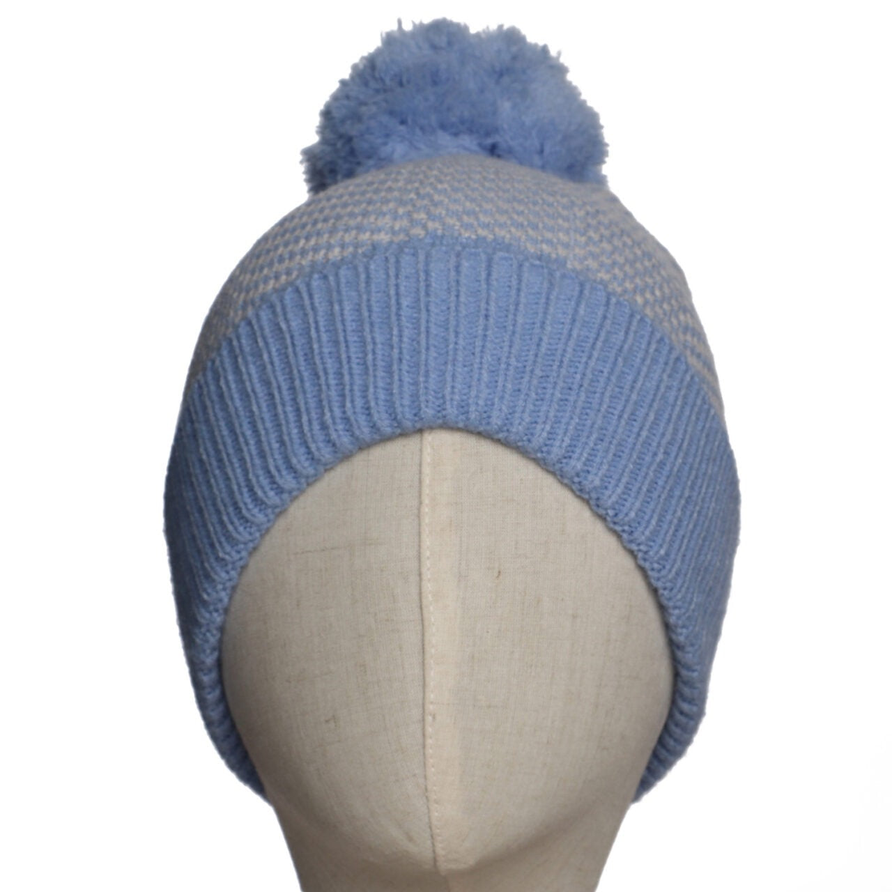 Zelly Herringbone Knitted Pom Pom Bobble Hat - Pale Blue