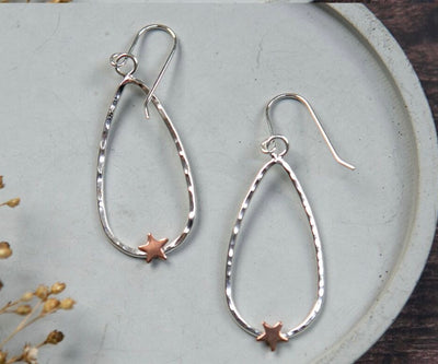 Sterling Silver Large Teardrop Shape Earrings - Copper Stars - The Old Farmhouse Jewellery