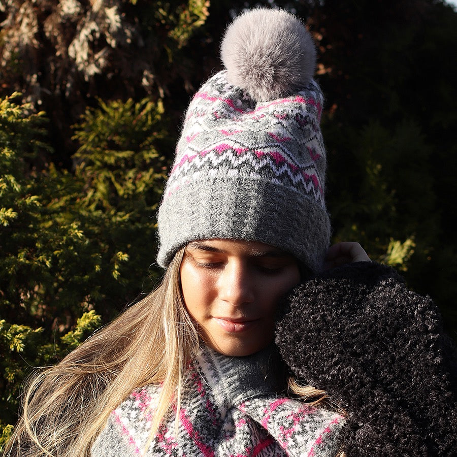 POM Fairisle Border Knitted Bobble Hat - Grey Pink Mix