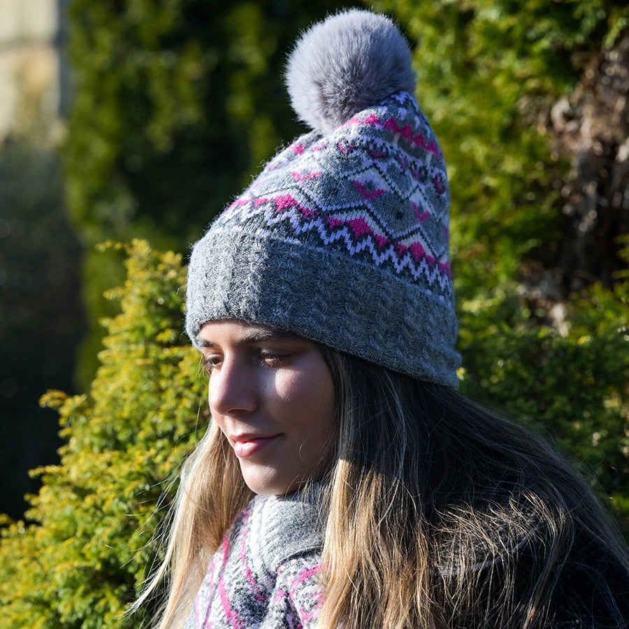 POM Fairisle Border Knitted Bobble Hat - Grey Pink Mix