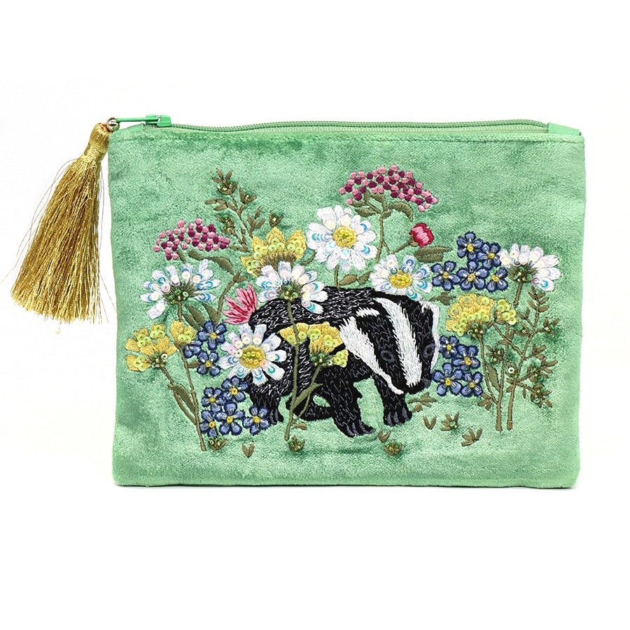 POM Green Velvet Badger &amp; Floral Embroidered Small Zip Pouch with Tassel