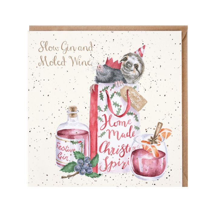 'Slow Gin & Moles Wine' Sloth & Mole Christmas Card - Wrendale Designs