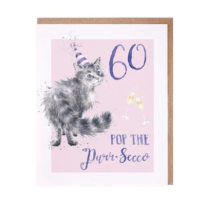 60 Pop the Purr-secco Cat - Birthday Card - Wrendale Designs