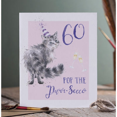 60 Pop the Purr-secco Cat - Birthday Card - Wrendale Designs