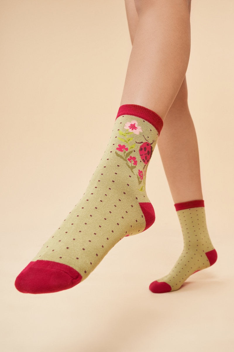 Powder Delicate Ladybird Bamboo Ankle Socks - Sage