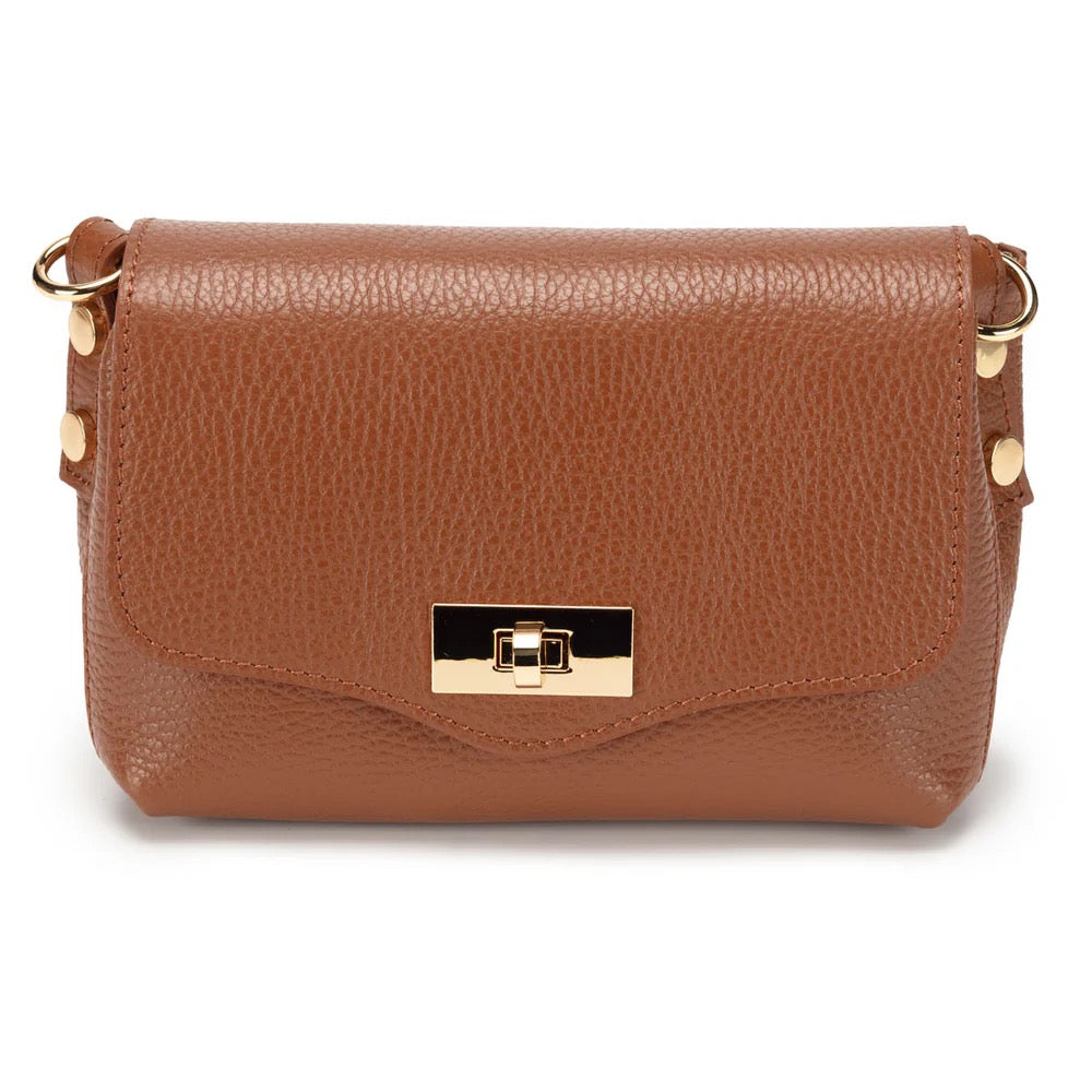 Elie Beaumont Designer Leather Twist Lock Small Crossbody Bag - Tan (GOLD Fittings)