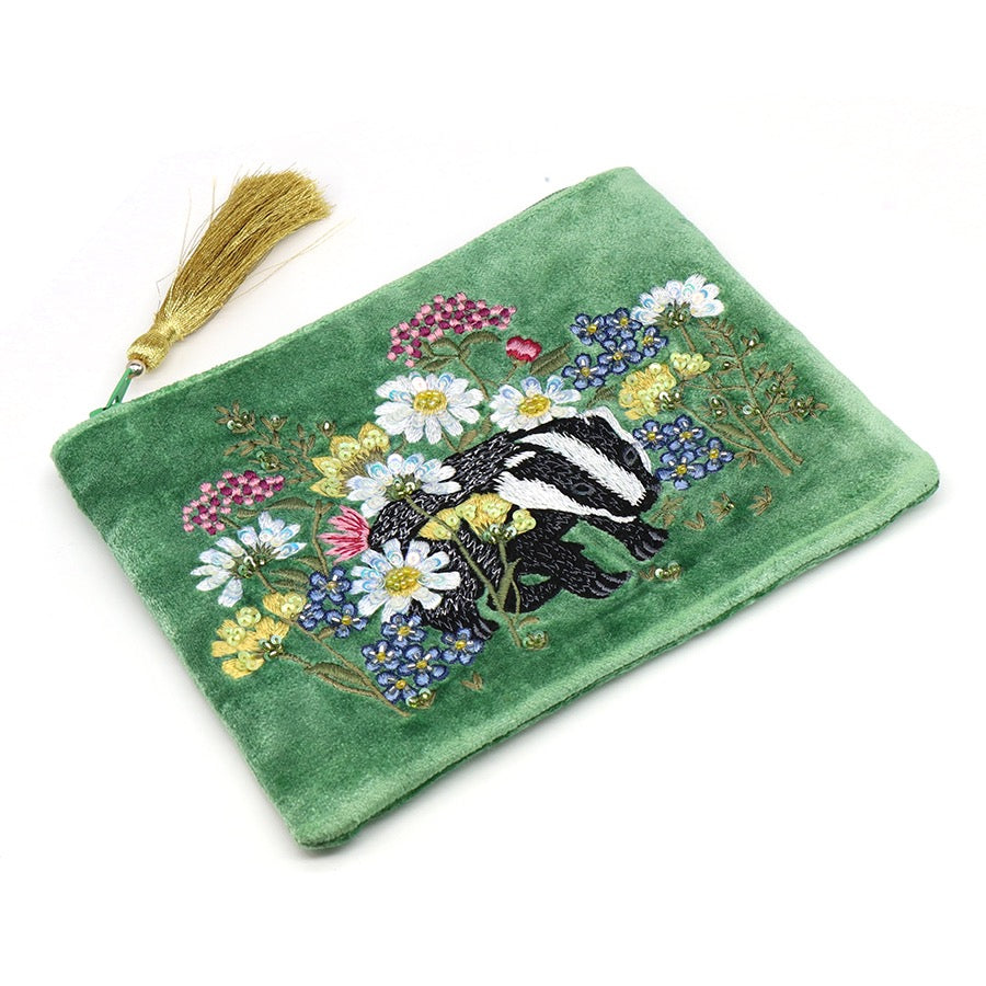 POM Green Velvet Badger &amp; Floral Embroidered Small Zip Pouch with Tassel