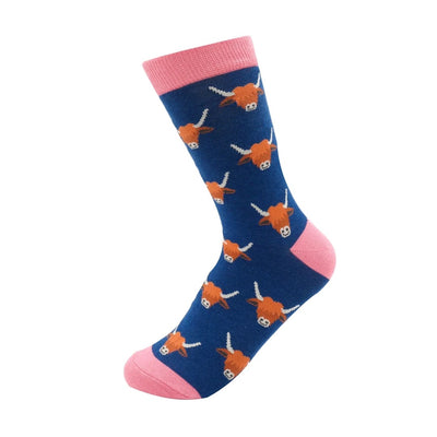 Miss Sparrow Ladies Bamboo Ankle Socks - Highland Cows - Navy