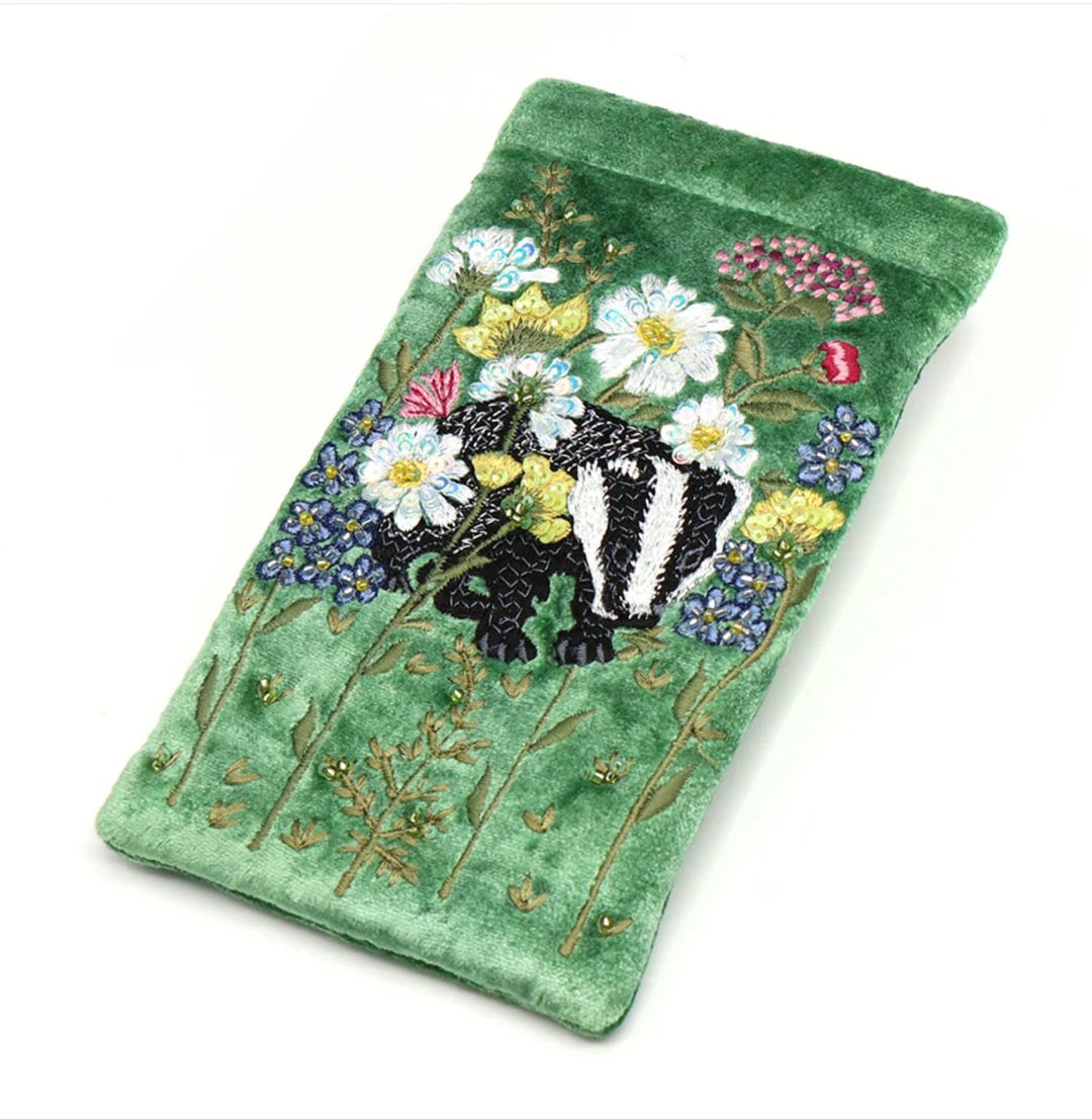 POM Green Velvet Badger &amp; Floral Embroidered Glasses Case Pouch