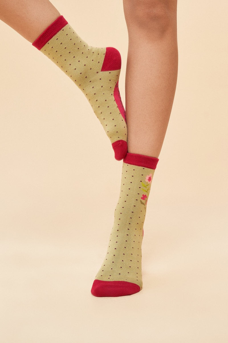 Powder Delicate Ladybird Bamboo Ankle Socks - Sage