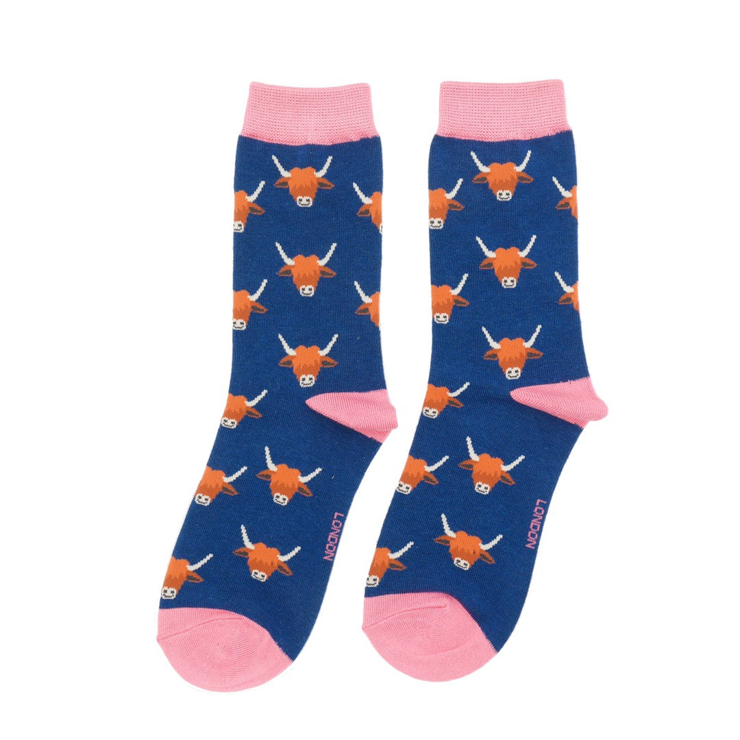 Miss Sparrow Ladies Bamboo Ankle Socks - Highland Cows - Navy