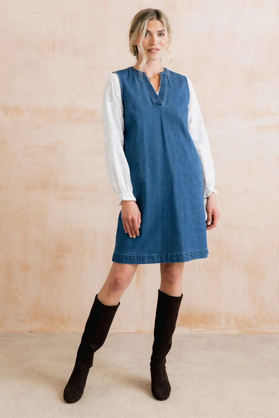 Belle Plain Denim Pinafore Short Dress  - Blue Denim - Lily &amp; Me
