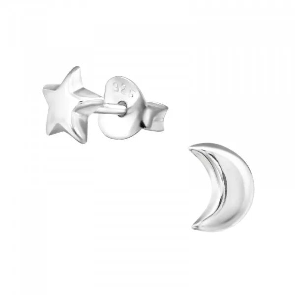 Hollie Tree - Moon & Star Stud Earrings - Sterling Silver Bottled Jewellery