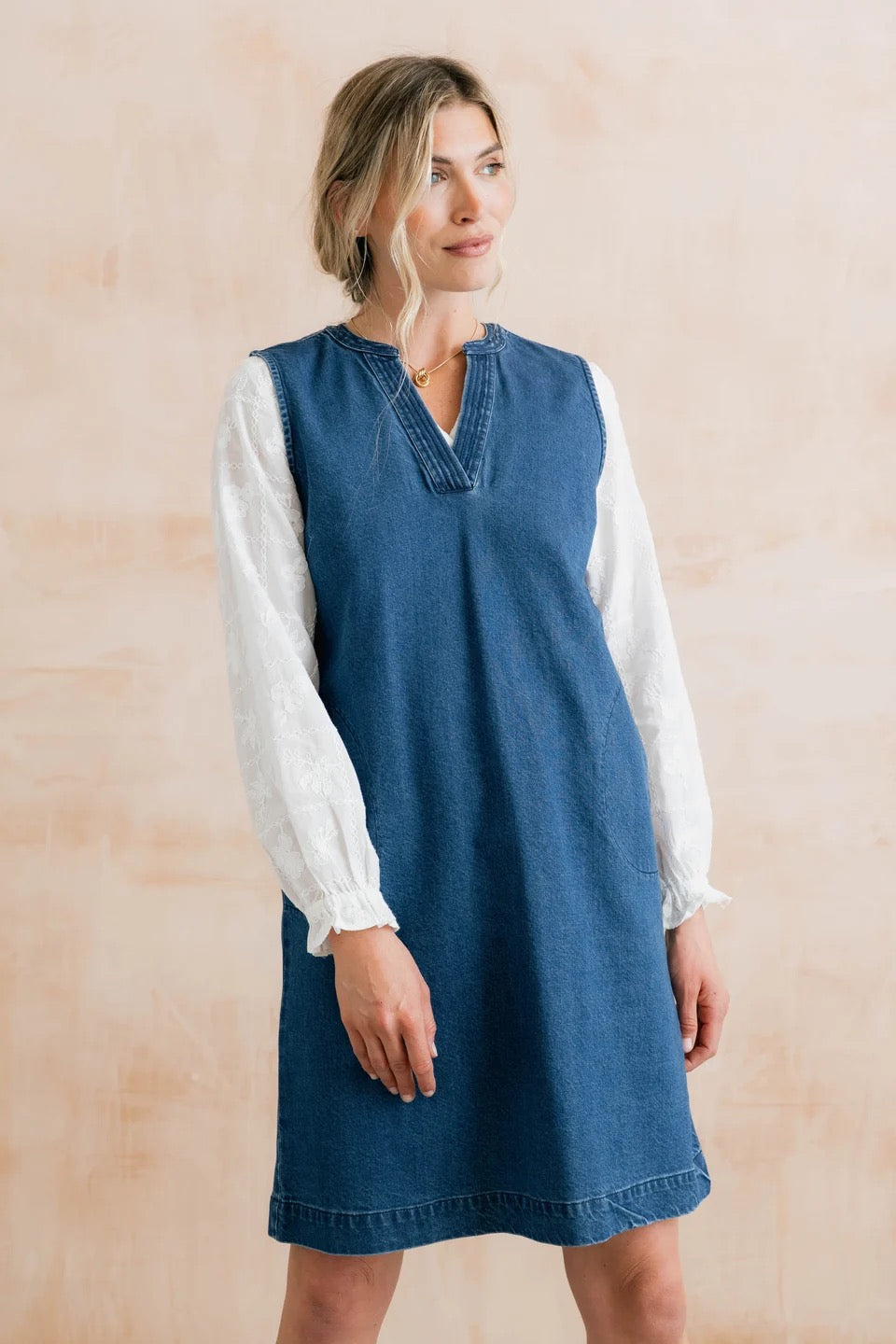 Belle Plain Denim Pinafore Short Dress  - Blue Denim - Lily &amp; Me