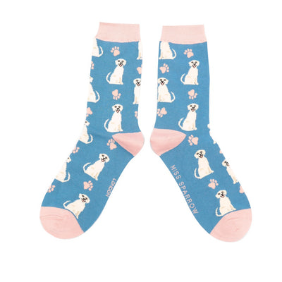 Miss Sparrow Ladies Bamboo Ankle Socks - Happy Labradors - Blue in