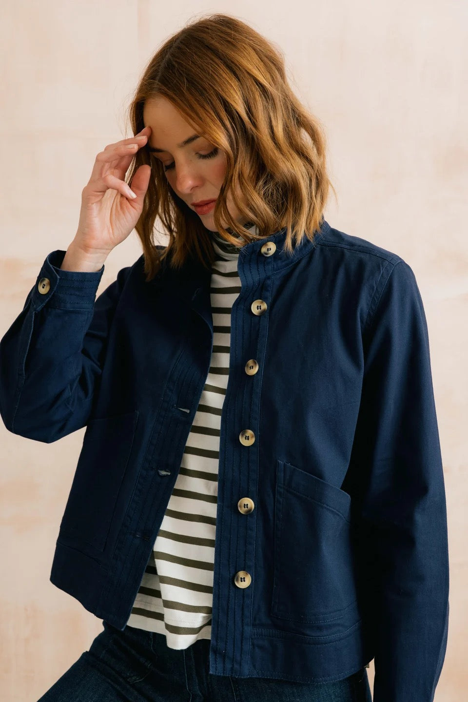 Maya High Neck Stretch Twill Jacket - Navy Blue - Lily &amp; Me
