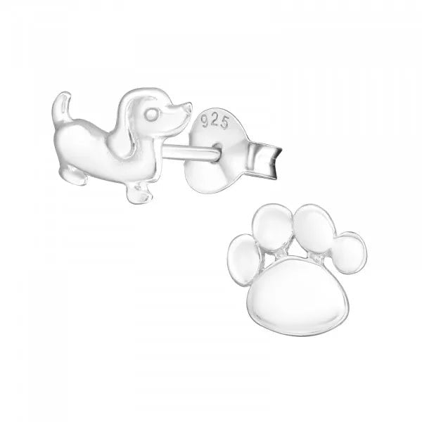 Hollie Tree - Daschund Dog & Paw Stud Earrings - Sterling Silver Bottled Jewellery