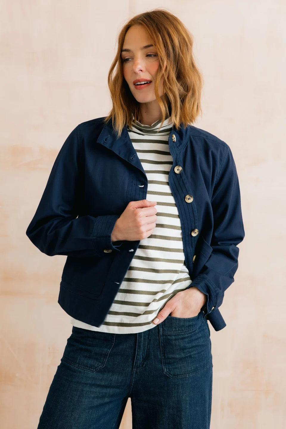 Maya High Neck Stretch Twill Jacket - Navy Blue - Lily &amp; Me