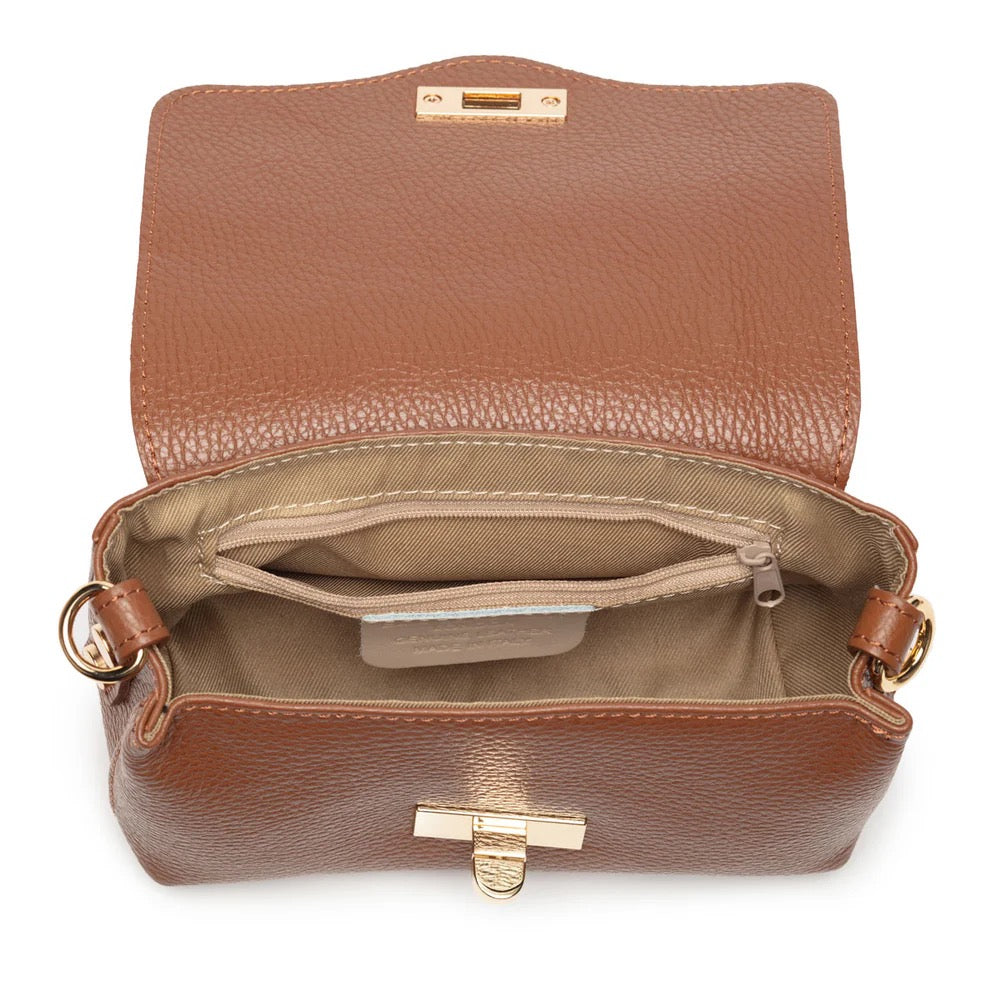 Elie Beaumont Designer Leather Twist Lock Small Crossbody Bag - Tan (GOLD Fittings)