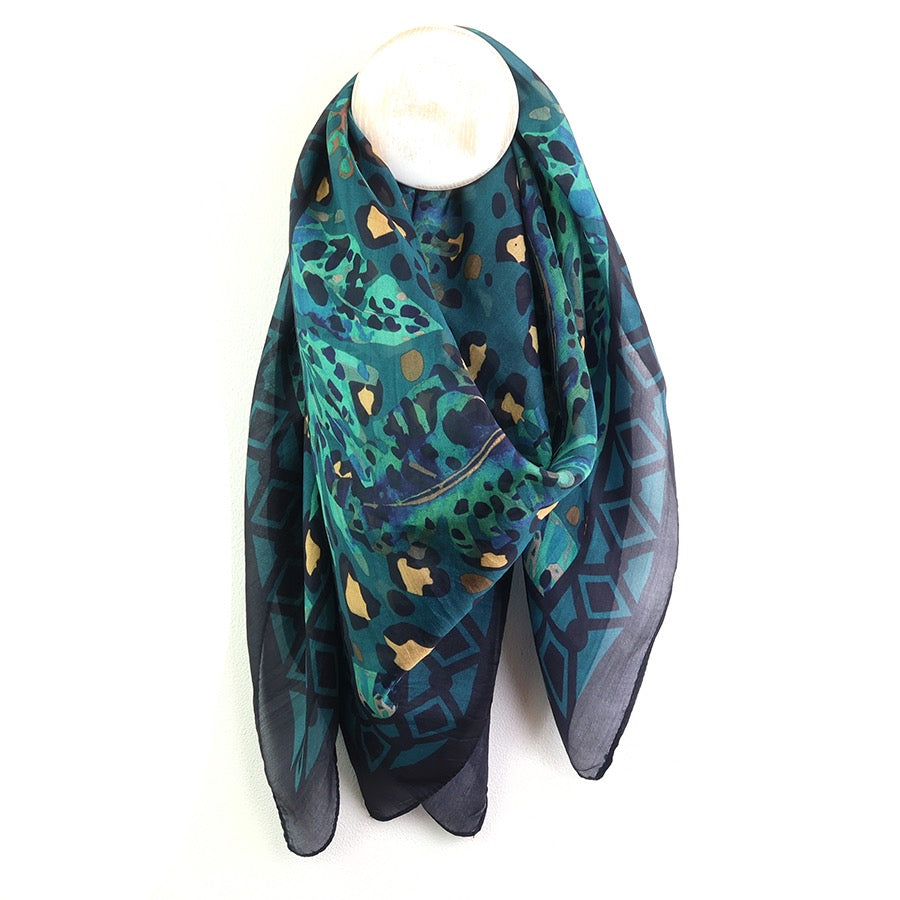 POM - Navy &amp; Teal Mix Botanical &amp; Animal Print - Square 100% Silk Scarf