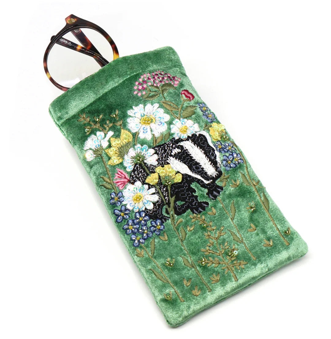 POM Green Velvet Badger &amp; Floral Embroidered Glasses Case Pouch
