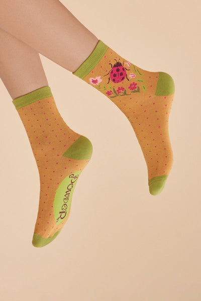 Powder Delicate Ladybird Bamboo Ankle Socks - Mustard
