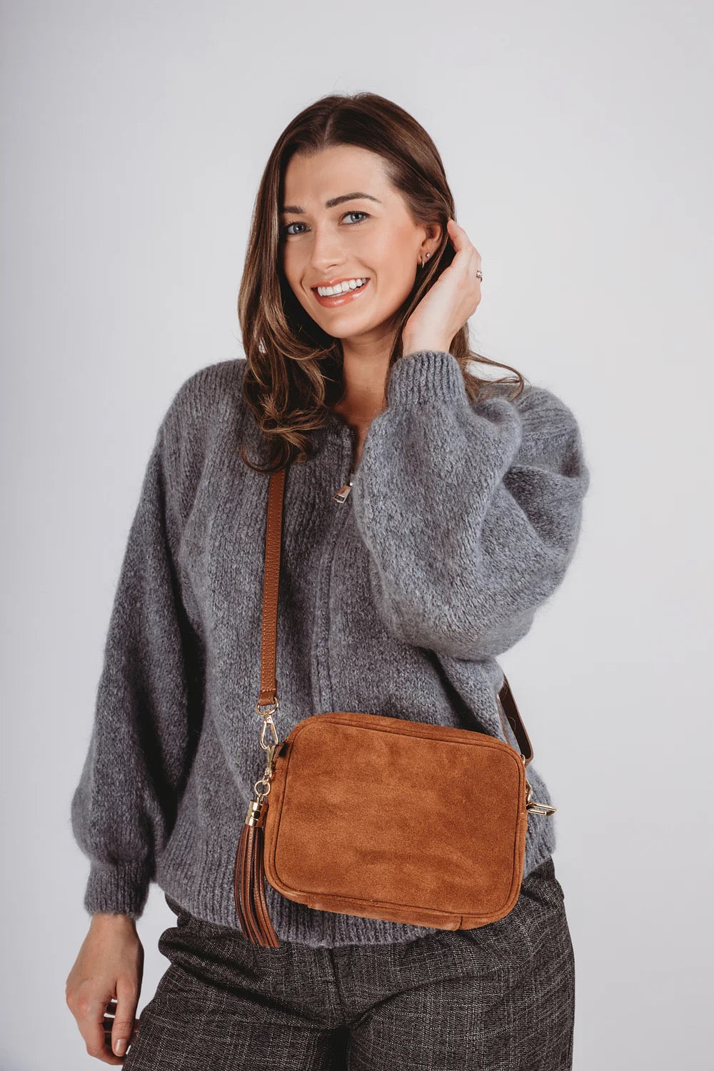 Elie Beaumont Designer Leather Crossbody Bag - SUEDE - Tan (GOLD Fittings)