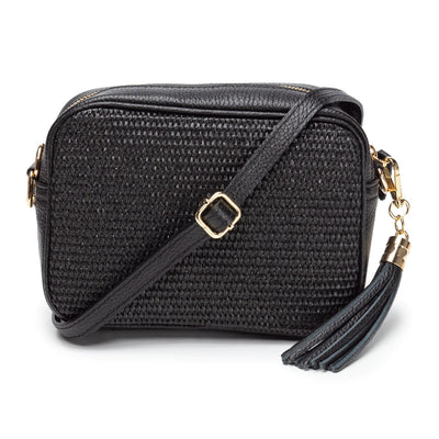 Elie Beaumont Designer Leather Raffia Crossbody Bag - Black (GOLD Fittings)