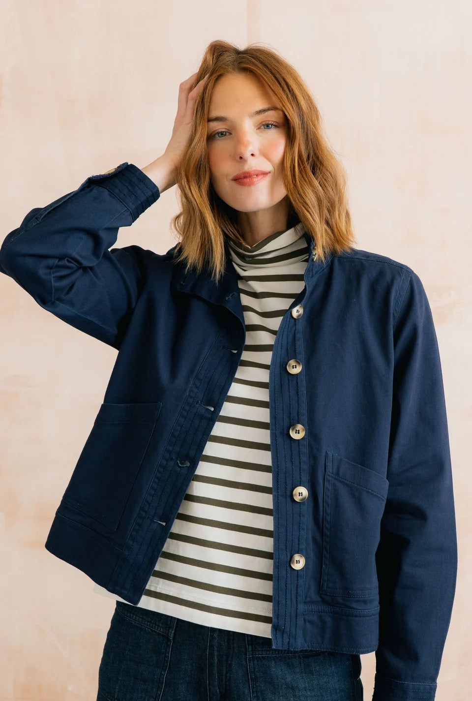 Maya High Neck Stretch Twill Jacket - Navy Blue - Lily &amp; Me