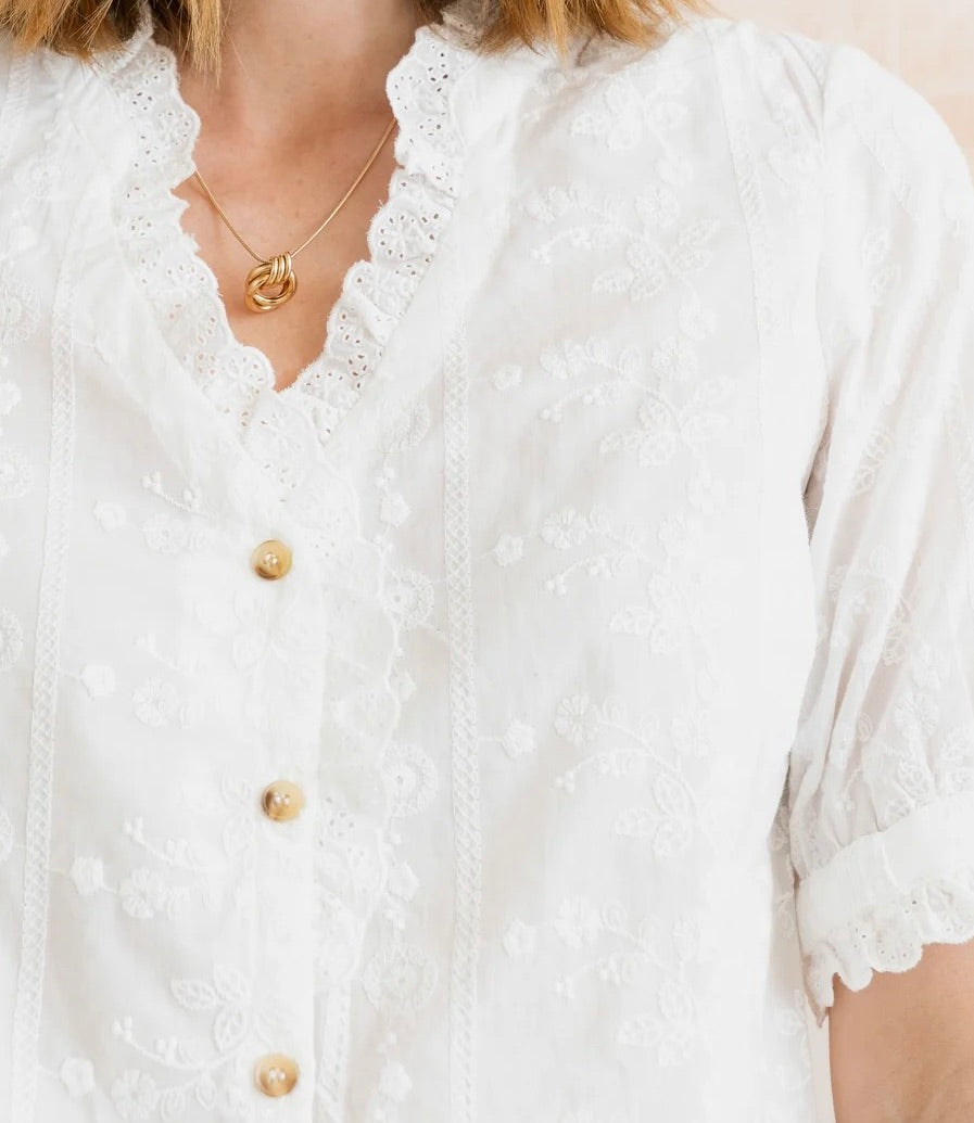 Wren Embroidered Cotton Frill Blouse - White - Lily &amp; Me