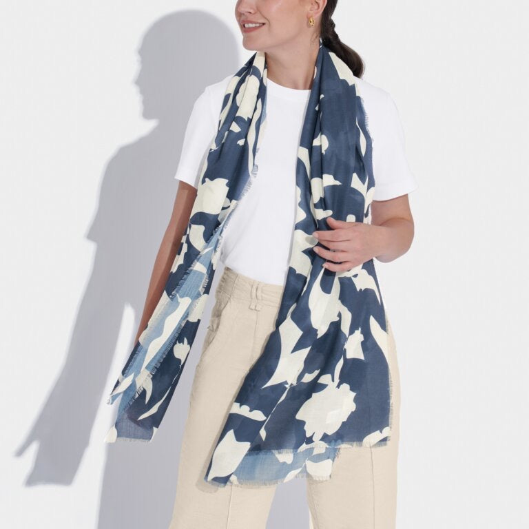 Katie Loxton Print Scarf - Abstract Floral - Navy Blue/White