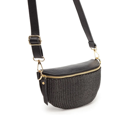 Elie Beaumont Designer Leather Raffia Sling Crossbody Bag - Black (GOLD Fittings)