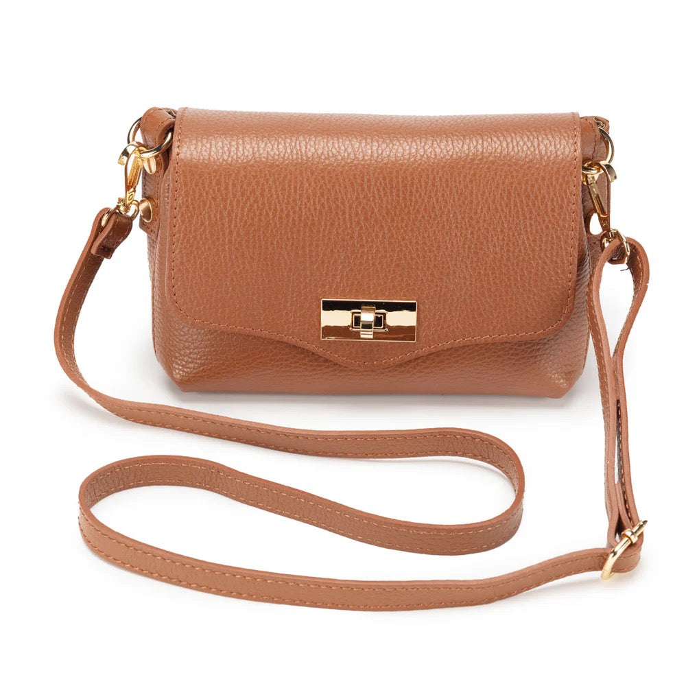 Elie Beaumont Designer Leather Twist Lock Small Crossbody Bag - Tan (GOLD Fittings)