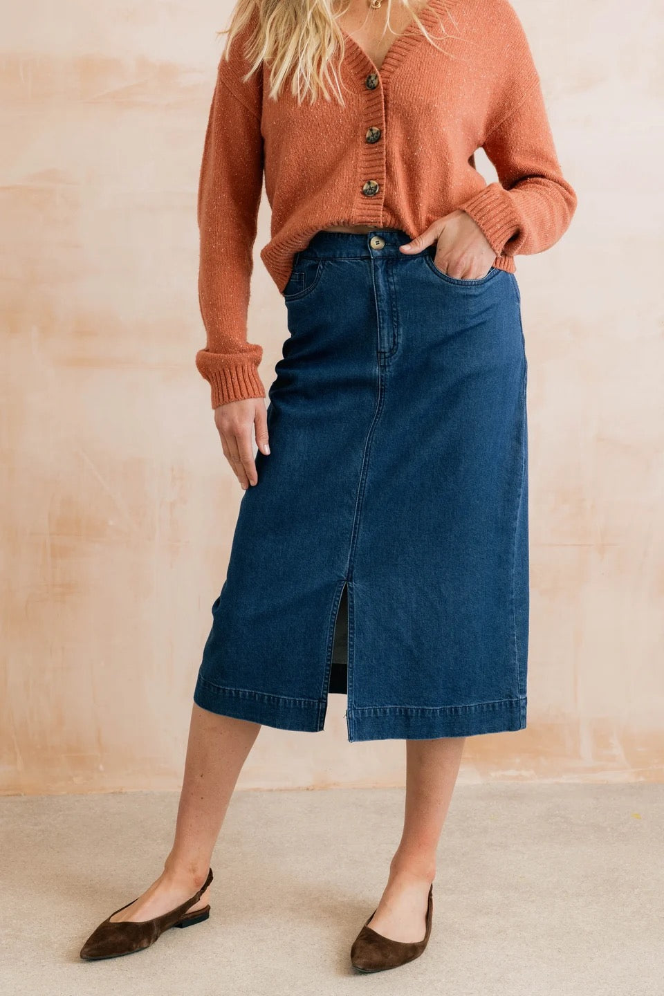 Morwenna Plain Denim Midi Skirt - Blue Denim - Lily &amp; Me