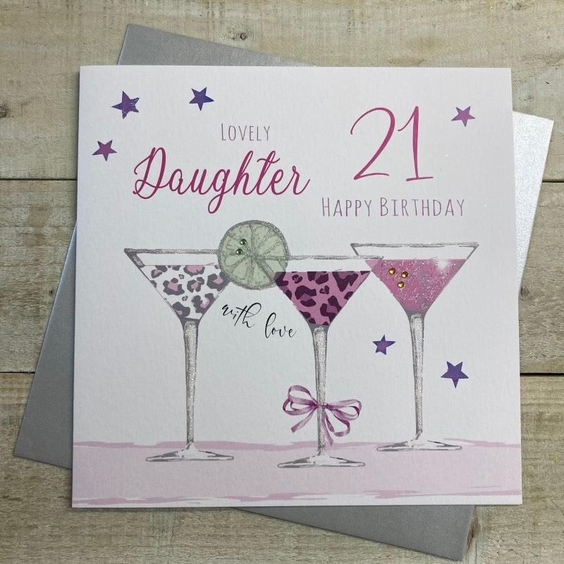 Daughter 21st Birthday Leopard Glasses LARGE Card - White Cotton Cards