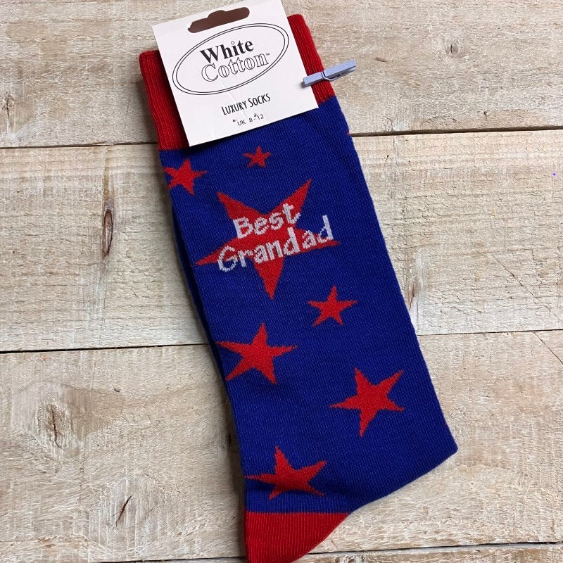White Cotton Mens Ankle Socks -  Blue with Red Star - Best Grandad