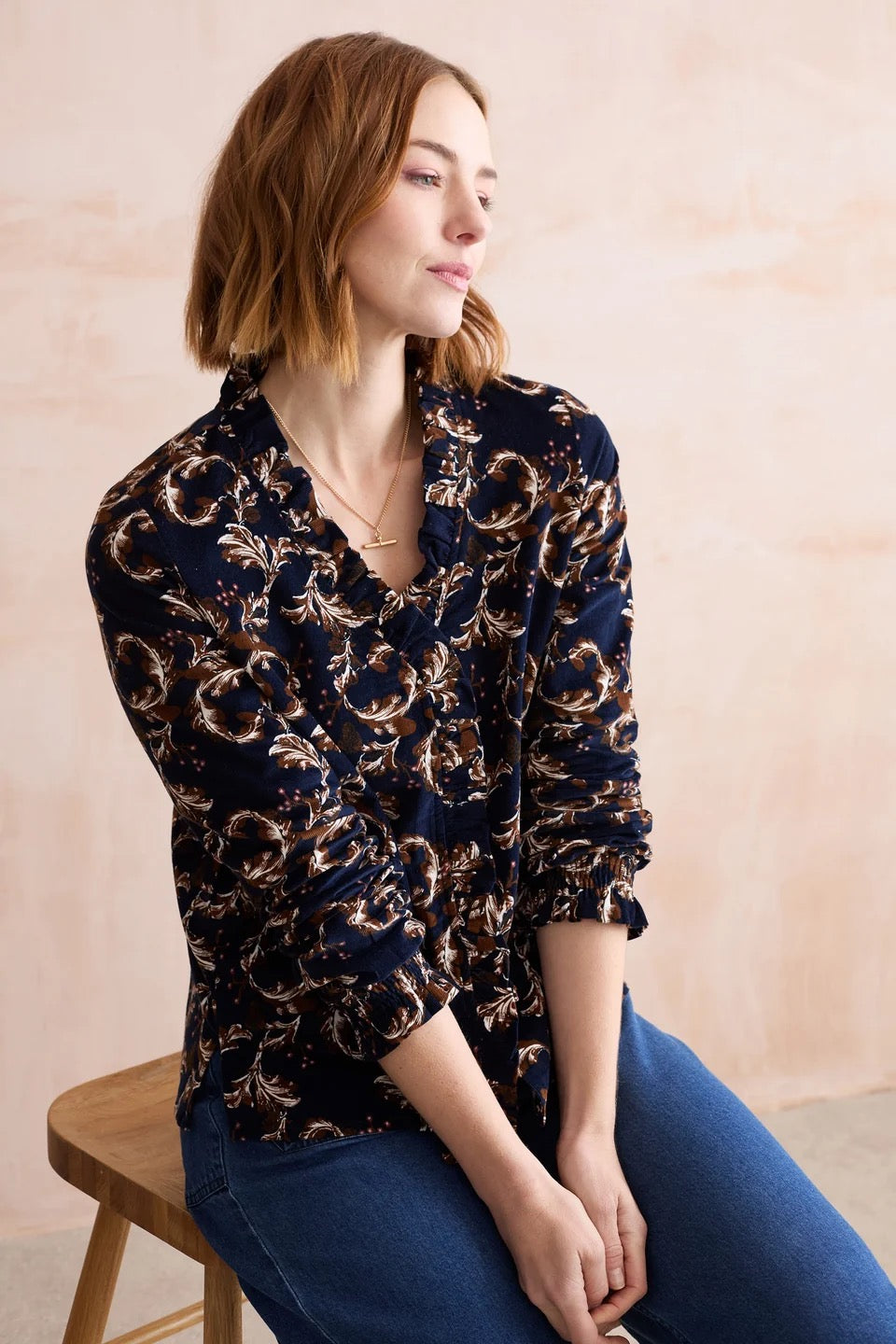 Kit Ruffle Pincord Trailing Leaves Print Blouse - Navy/Chocolate - Lily &amp; Me