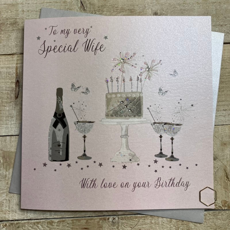 Special Wife Birthday Cake & Champagne Pink LARGE Card - White Cotton Cards