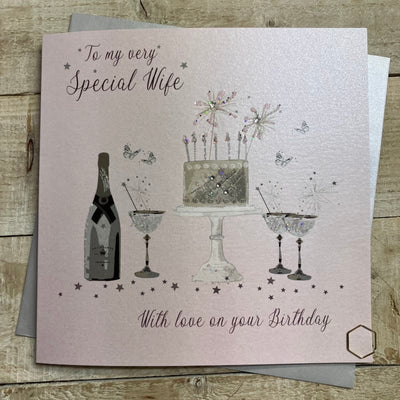 Special Wife Birthday Cake & Champagne Pink LARGE Card - White Cotton Cards