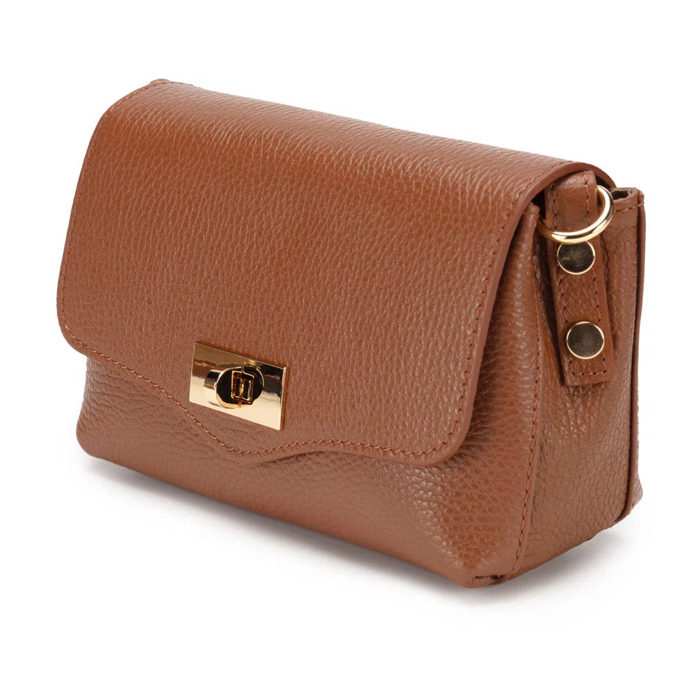 Elie Beaumont Designer Leather Twist Lock Small Crossbody Bag - Tan (GOLD Fittings)