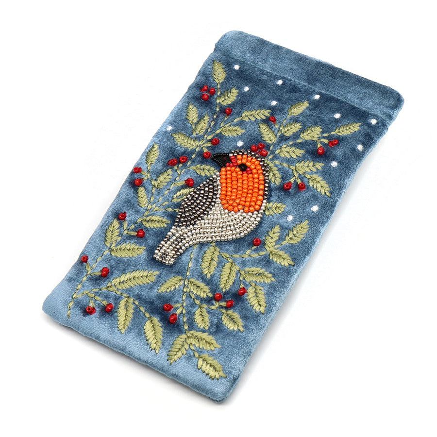 POM Dusky Blue Velvet Robin &amp; Holly Embroidered Glasses Case Pouch