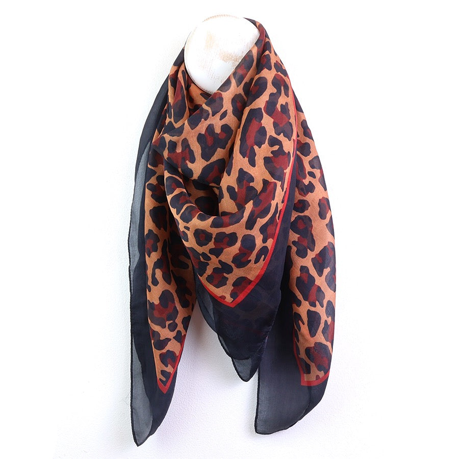 POM - Navy &amp; Camel Mix Animal Print - Square 100% Silk Scarf