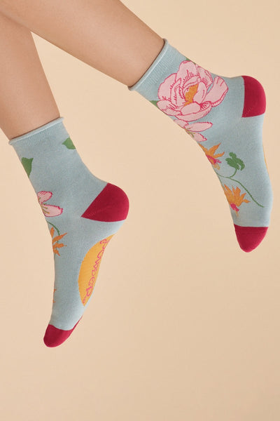 Powder Tropical Flora Bamboo Ankle Socks - Ice Blue