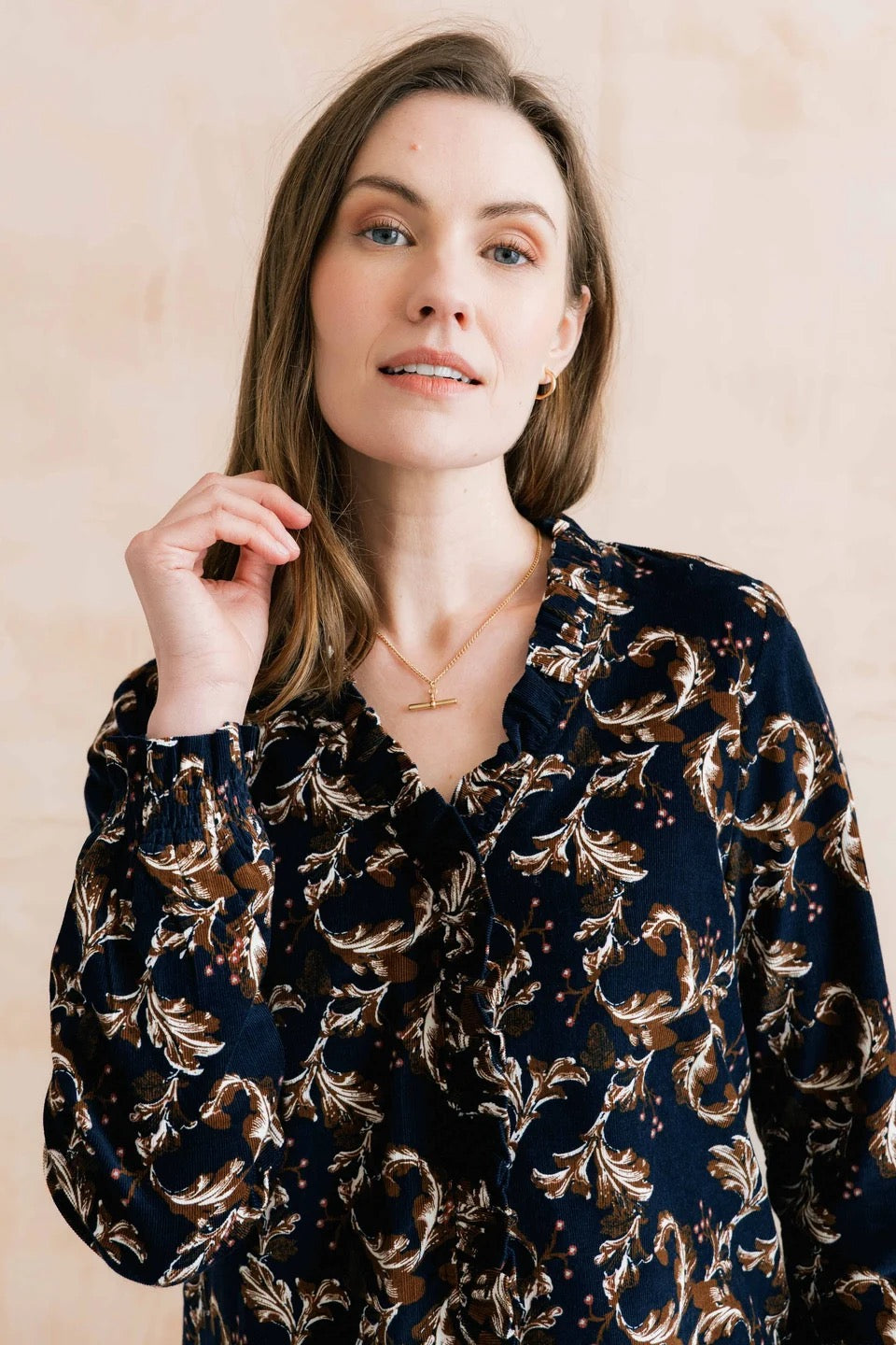 Kit Ruffle Pincord Trailing Leaves Print Blouse - Navy/Chocolate - Lily &amp; Me