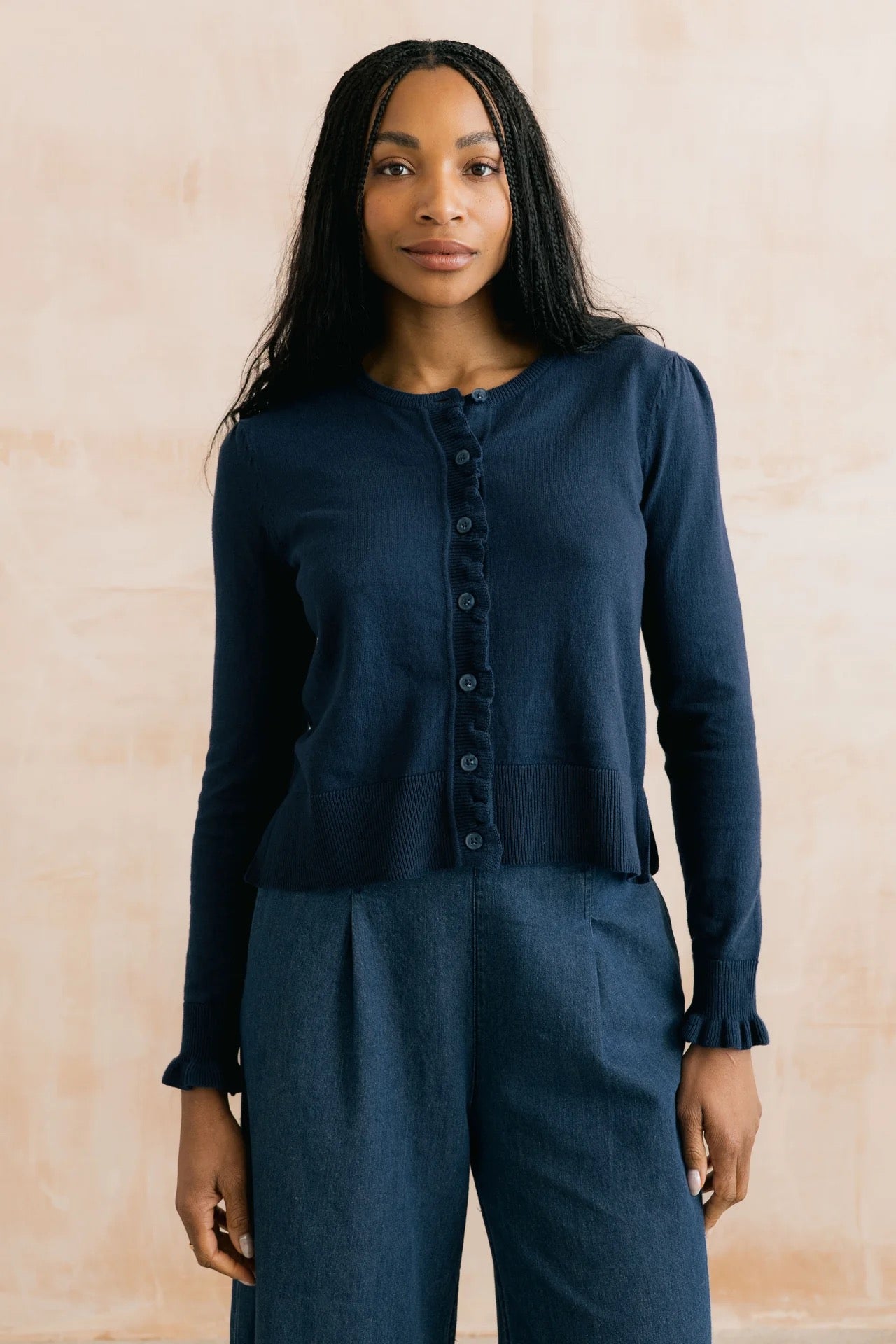 Lauren Ruffle Outfitter Fine Knit Cardigan - Navy Blue - Lily &amp; Me