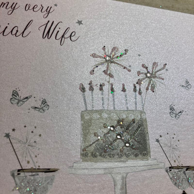 Special Wife Birthday Cake & Champagne Pink LARGE Card - White Cotton Cards