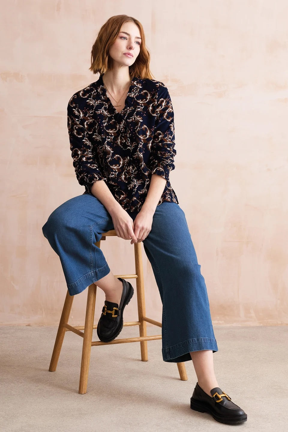 Kit Ruffle Pincord Trailing Leaves Print Blouse - Navy/Chocolate - Lily &amp; Me