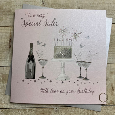 Special Sister Birthday Cake & Champagne Pink LARGE Card - White Cotton Cards