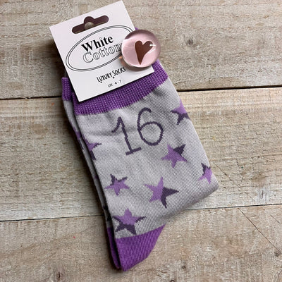 White Cotton Ladies Ankle Socks -  Lilac Star - 16th