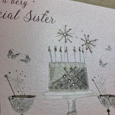 Special Sister Birthday Cake & Champagne Pink LARGE Card - White Cotton Cards